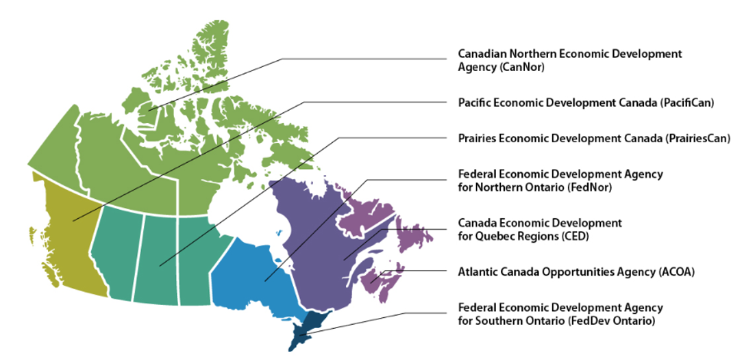 Map of Canada indicating locations of regional development agencies.